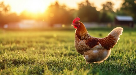 Fototapeta premium A beautiful rooster stands proudly in a sunlit field, surrounded by lush green grass, as the warm glow of sunrise creates a serene and picturesque morning scene.