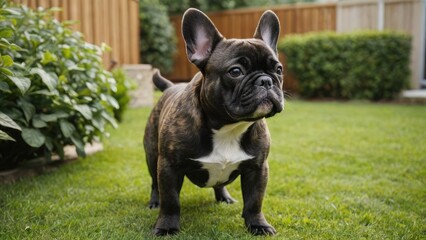 Fototapeta premium Brindle french bulldog in the garden