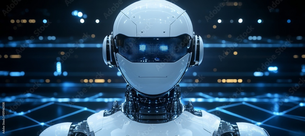 Poster futuristic robot portrait. modern technologies, robotics, artificial intelligence. 3d render.