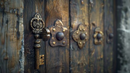 Fototapeta premium A vintage wooden door with an ornate key and unique hardware, showcasing timeless craftsmanship and beauty in design.
