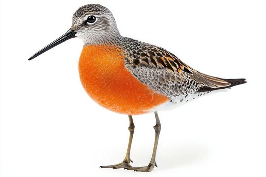 red knot stands tall with its distinctive red chest and short beak, highlighting its unique features against an elegant white backdrop. This bird captures nature's vivid essence.