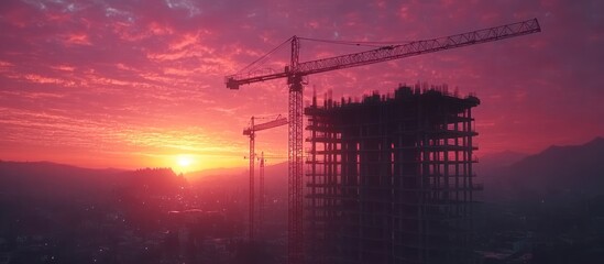 Naklejka premium Construction site with a sunset in the background.