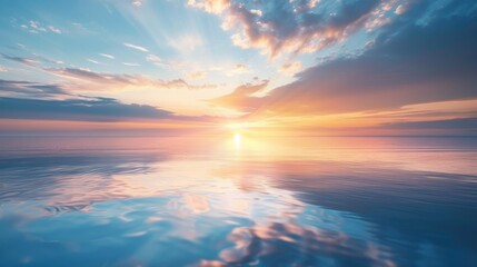 Fototapeta premium Breathtaking Sunset Over The Calm Sea With Reflecting Clouds And Warm Golden Light.