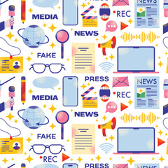 Press journalists concept seamless pattern. Mass media questions and news. Diary, journalism, article Public speaking and press conference. Cartoon flat vector illustration isolated on background
