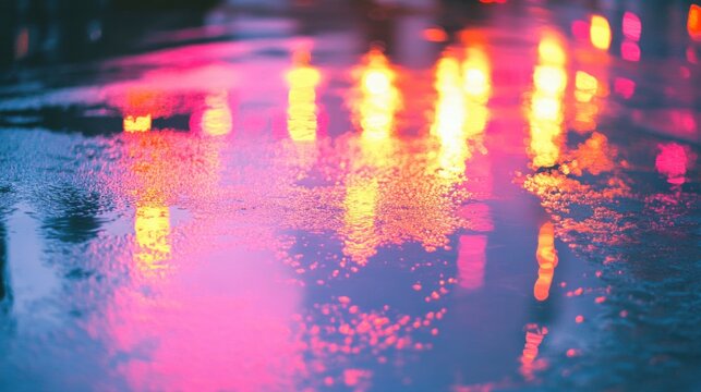 Neon city traffic lights reflecting on rain-soaked streets, creating vibrant reflections in pink and orange--perfect for urban photography backdrops.