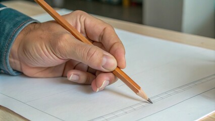 A hand draws on a piece of paper with a pencil.