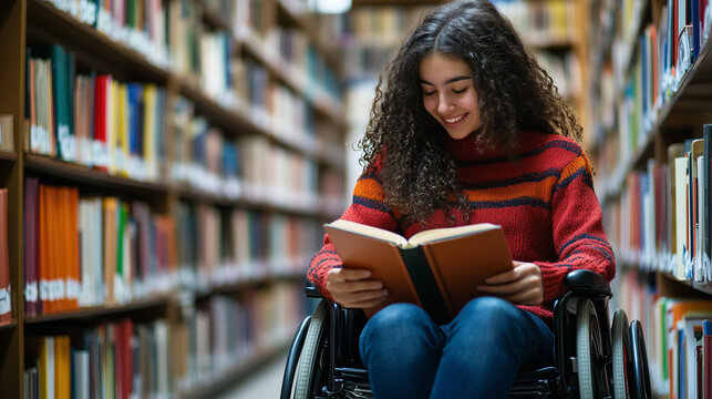 Smiling disabled teenager girl on a wheelchair reads book in library 