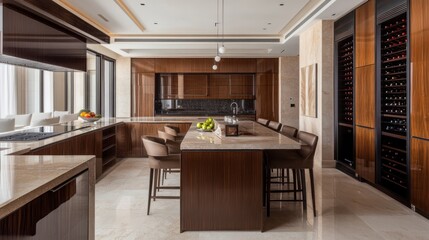 Fototapeta premium Modern kitchen featuring sleek cabinetry, a large island, and wine storage.