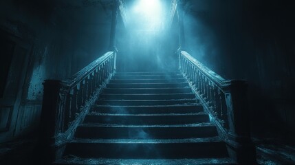  A long, winding staircase in a dimly lit house, with the faint glow of light from the top barely visible, casting eerie shadows along the walls