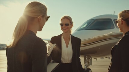 Three stylish women in sunglasses near a private jet, exuding confidence and elegance against a sunlit backdrop.