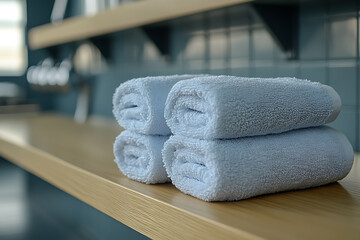 Photo of two clean, neatly folded towels placed in a gym locker room, creating a tidy and organized atmosphere with a focus on hygiene and fitness convenience.

