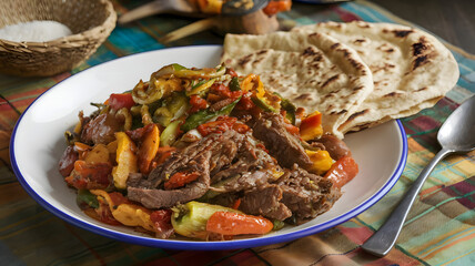 A colorful plate of Sudanese Galia features stir-fried meat and vegetables cooked with cumin, garlic, and chili. Served with flatbread, the tender vegetables glisten with flavorful oils.






