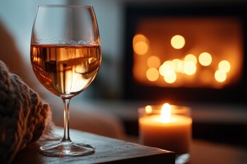 A glass of white wine catching the warm fire's glow, positioned on a wooden surface beside a candle, evokes a calm and inviting indoor atmosphere; perfect for relaxation.