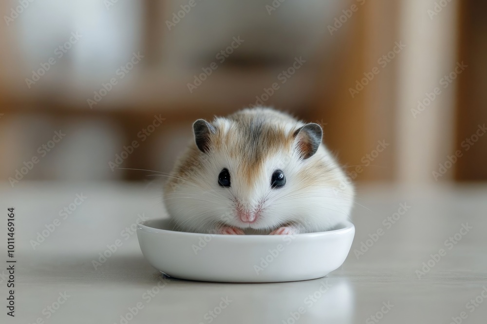 Poster an innocent-looking hamster sits adorably in a minimalistic white dish, providing a soft and serene 