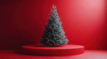 Christmas background with Christmas tree with empty red podium for product
