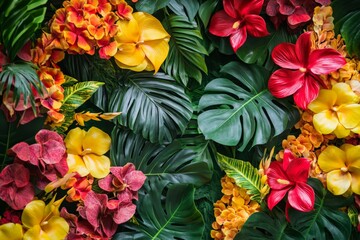 A lively mix of red and yellow flowers intertwined with green leaves, creating a cheerful and vibrant display reminiscent of a tropical paradise.