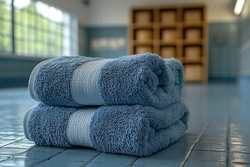Photo of two clean, neatly folded towels placed in a gym locker room, creating a tidy and organized atmosphere with a focus on hygiene and fitness convenience.
