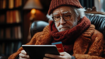 elderly man using tablet ,holding credit card representing senior cybercrime vulnerability