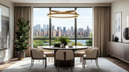 Fototapeta premium Modern dining area with a city skyline view and elegant decor.