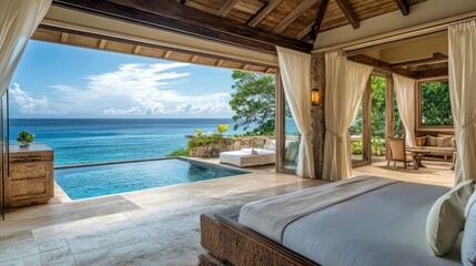 Fototapeta premium A luxurious bedroom with ocean views, featuring elegant decor, an inviting pool, and large windows that open to a tropical paradise.