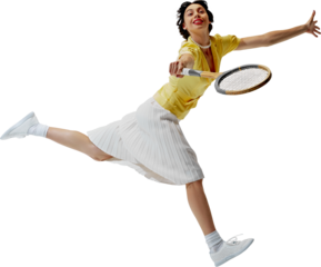 Smiling elegant woman in yellow blouse and skirt in motion, playing tennis isolated on transparent background. Concept of sport, retro and vintage, active lifestyle, hobby
