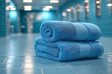 Photo of two clean, neatly folded towels placed in a gym locker room, creating a tidy and organized atmosphere with a focus on hygiene and fitness convenience.
