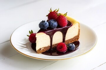 a slice of vanilla cheesecake with chocolate sauce and berries on a white background