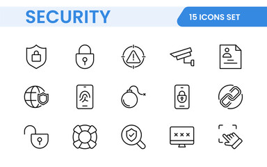 Set of Security web icons in line style. Guard, cyber security, password, smart home, safety, data protection, key, shield, lock, unlock, eye access. Security outline icon set.
