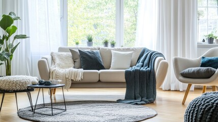 Fototapeta premium Cozy living room with a sofa, plants, and a rug, designed for relaxation and comfort.