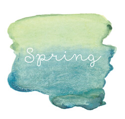 Expressive abstract watercolor stain with splashes and drops of green and turquoise. Watercolor background with lettering Spring. Design Art Object for Card, Poster, Banner. Brush stroke illustration