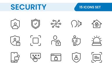 Set of Security web icons in line style. Guard, cyber security, password, smart home, safety, data protection, key, shield, lock, unlock, eye access. Security outline icon set.