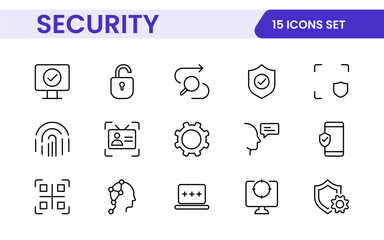 Set of Security web icons in line style. Guard, cyber security, password, smart home, safety, data protection, key, shield, lock, unlock, eye access. Security outline icon set.