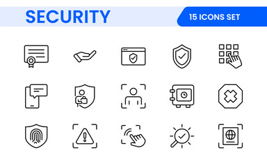 Set of Security web icons in line style. Guard, cyber security, password, smart home, safety, data protection, key, shield, lock, unlock, eye access. Security outline icon set.