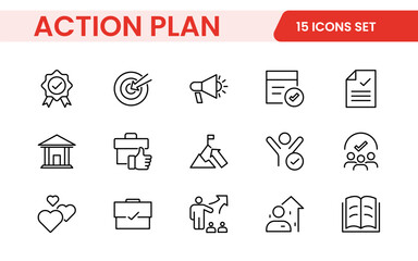 Line icons about action plan. Contains such icons as search strategy, target, scheme, timeline and workflow.Action plan set of web icons in line style. Strategy action planning icons.