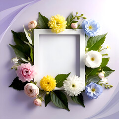 Frame. Fresh blooming flowers of various colors and green leaves placed around empty white photo frame against purple background.