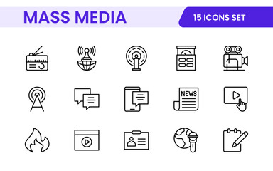 Mass media outline vector icons large set isolated on white background. media business concept. Media outline icons set.
