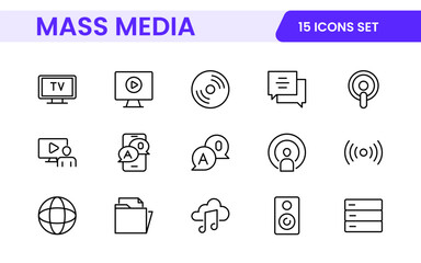 Mass media outline vector icons large set isolated on white background. media business concept. Media outline icons set.