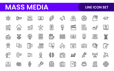 Mass media outline vector icons large set isolated on white background. media business concept. Media outline icons set.