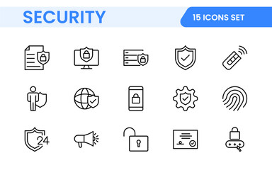Set of Security web icons in line style. Guard, cyber security, password, smart home, safety, data protection, key, shield, lock, unlock, eye access. Security outline icon set.