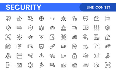 Set of Security web icons in line style. Guard, cyber security, password, smart home, safety, data protection, key, shield, lock, unlock, eye access. Security outline icon set.