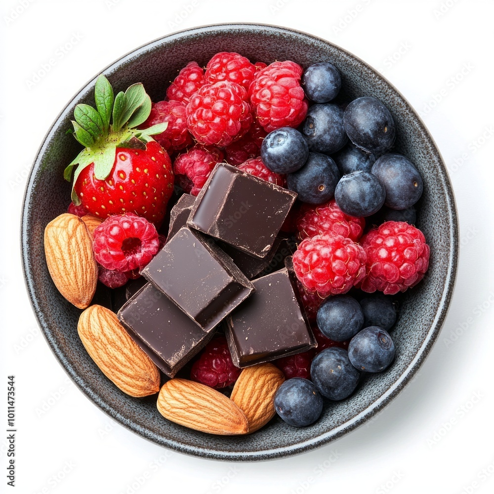 Sticker A colorful bowl of fresh fruits featuring strawberries, blueberries, and raspberries combined with dark chocolate and almonds. A vibrant and healthy treat for all. AI