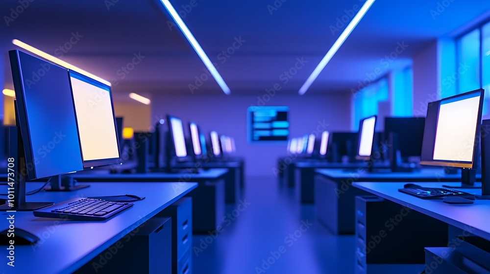 Poster A modern computer lab with rows of desks and computers, illuminated by blue lights.