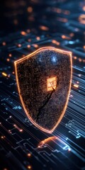 Digital shield with circuit patterns, glowing orange accents, futuristic design.