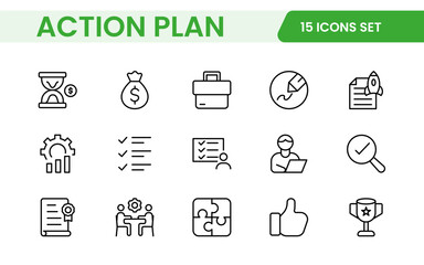 Line icons about action plan. Contains such icons as search strategy, target, scheme, timeline and workflow.Action plan set of web icons in line style. Strategy action planning icons.