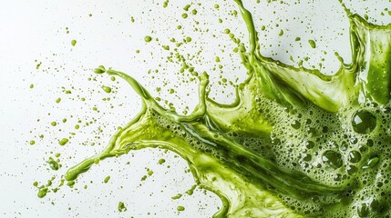 Dynamic splash of green tea on a white background showcasing vibrant textures and movement in a creative composition
