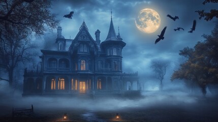 Fototapeta premium Illustration of a spooky Victorian mansion enveloped in mist under a bright full moon. The scene feels unsettling and mysterious, perfect for Halloween storytelling.