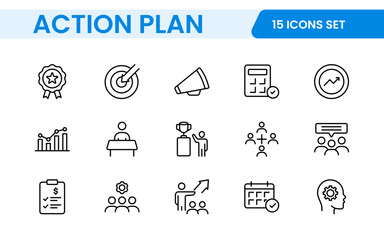 Line icons about action plan. Contains such icons as search strategy, target, scheme, timeline and workflow.Action plan set of web icons in line style. Strategy action planning icons.