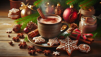 Traditional Christmas still life: a cup of hot chocolate, gingerbread cookies, and Christmas ornaments,generative ai