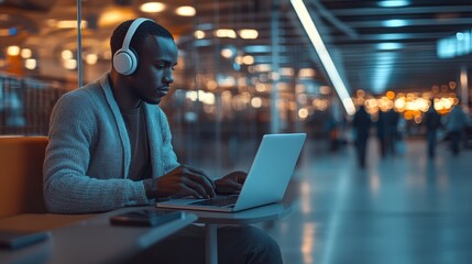 A focused individual working on a laptop in a modern airport, wearing headphones, surrounded by a blurred bustling atmosphere.