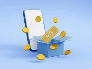 3D rendered illustration of online shopping concept with 50% discount offer with mobile icon with open gift box and coins with coupon.